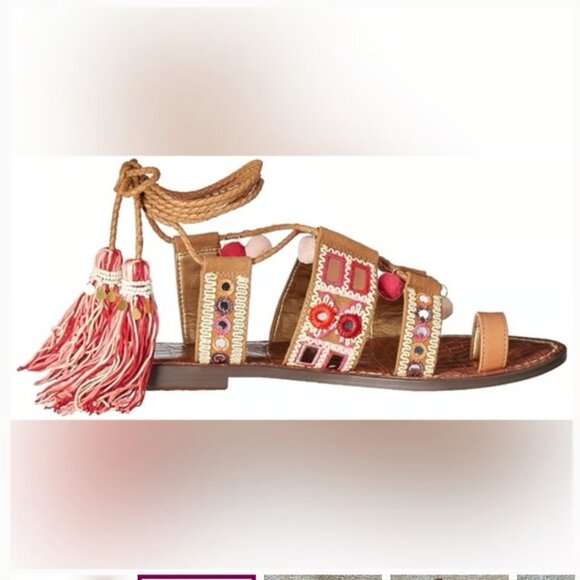 Sam Edelman Gretchen Boho Sandals 7M Embroidered Beaded Pom Pom Tassel Lace Up - Picture 2 of 16